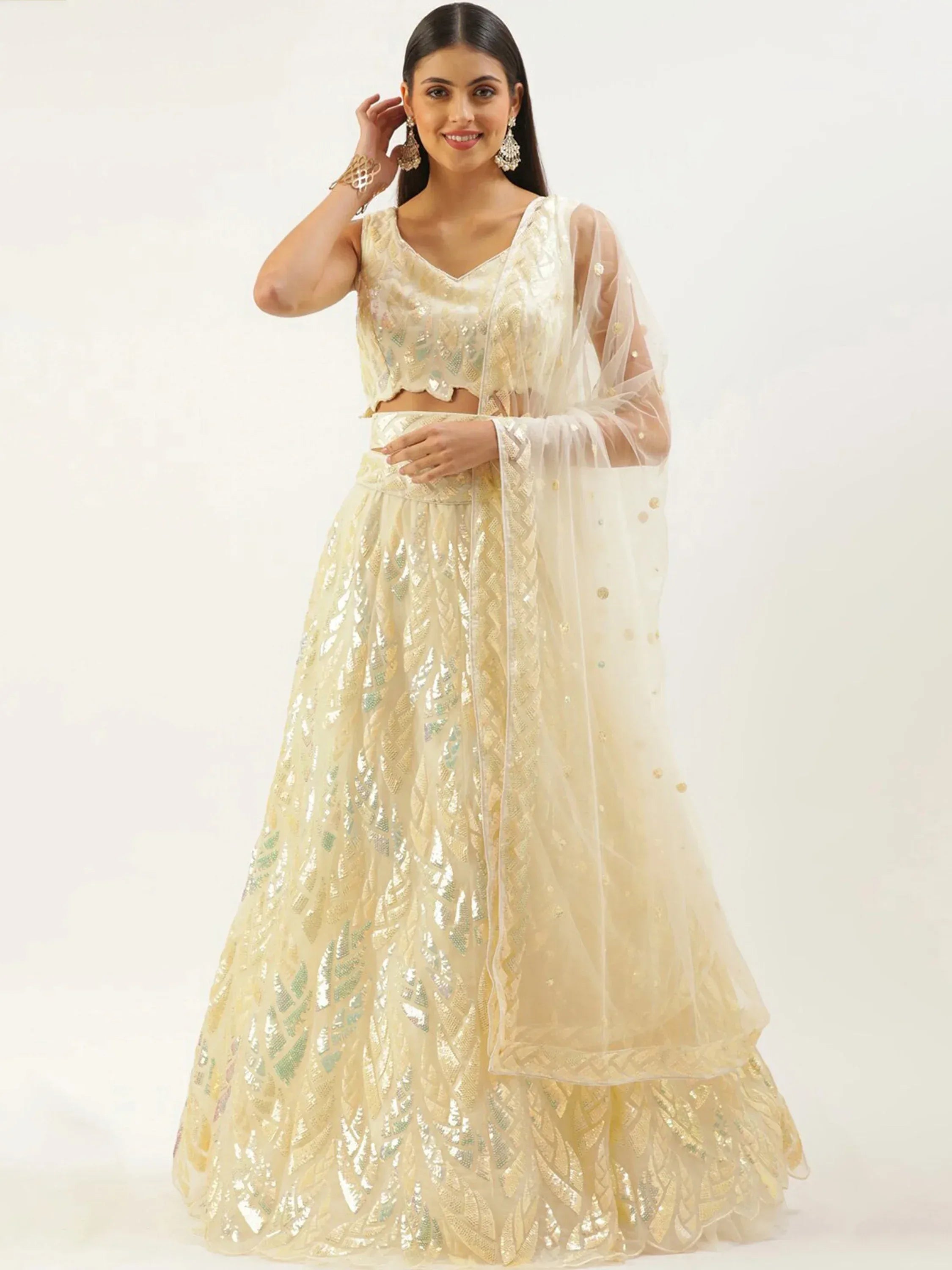 Tulsi Art Attractive Beige Sequins Net Wedding Wear Lehenga Choli With Dupatta - Dista