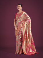 Thumbnail for Monjolika Fashion Charming Rani Pink and Gold Soft Banarasi satin Silk Saree With Pretty Blouse Piece
