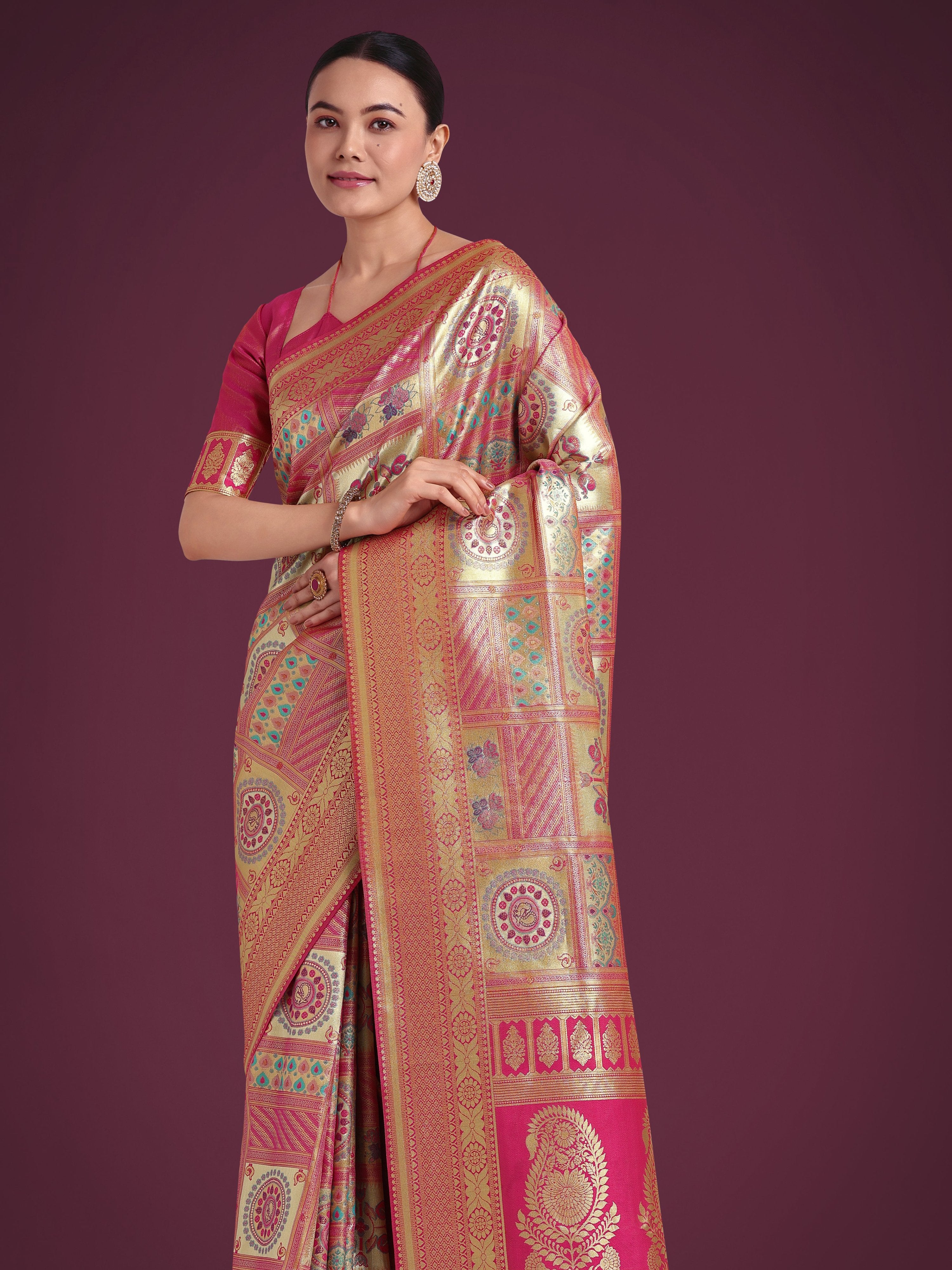 Monjolika Fashion Charming Rani Pink and Gold Soft Banarasi satin Silk Saree With Pretty Blouse Piece