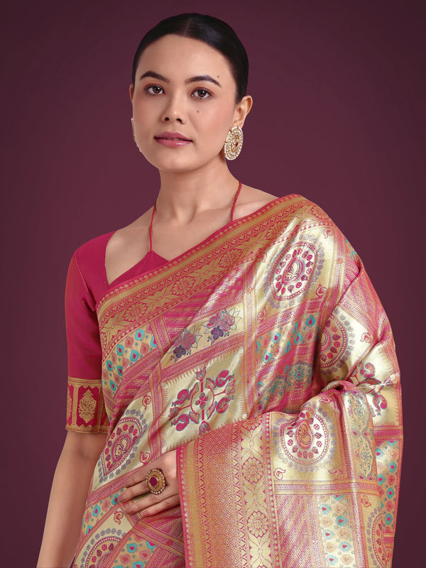 Monjolika Fashion Charming Rani Pink and Gold Soft Banarasi satin Silk Saree With Pretty Blouse Piece
