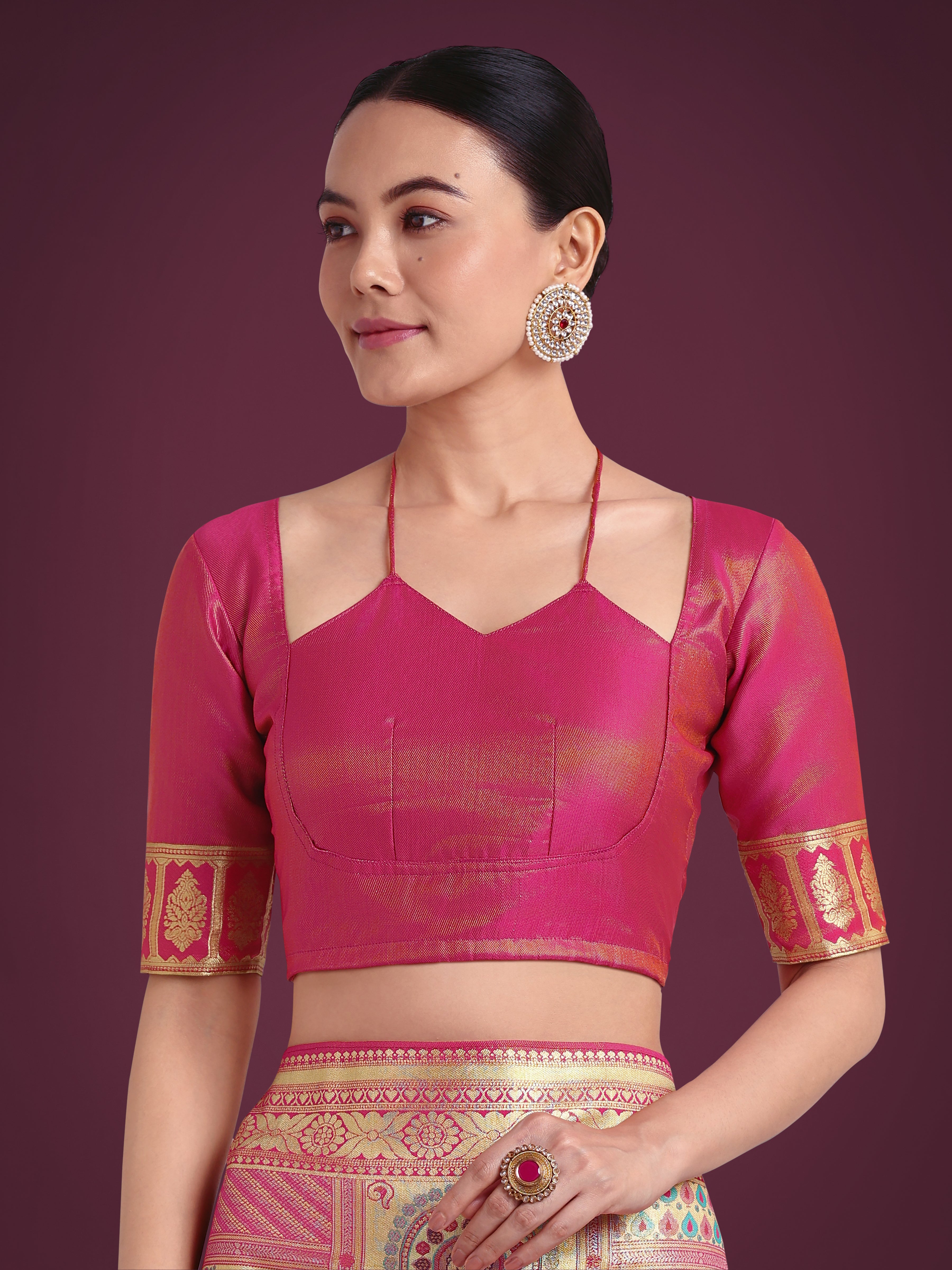 Monjolika Fashion Charming Rani Pink and Gold Soft Banarasi satin Silk Saree With Pretty Blouse Piece