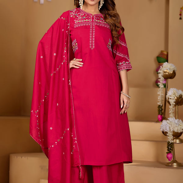 Lorenvalley Fashion Ranipink Viscose Mango Silk Multi Embroidery Thread with Hand Work Kurta Palazzo Dupatta - Distacart