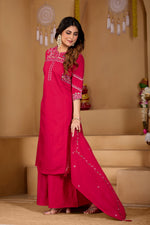 Thumbnail for Lorenvalley Fashion Ranipink Viscose Mango Silk Multi Embroidery Thread with Hand Work Kurta Palazzo Dupatta - Distacart