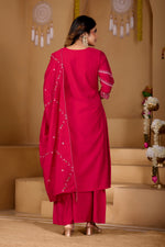 Thumbnail for Lorenvalley Fashion Ranipink Viscose Mango Silk Multi Embroidery Thread with Hand Work Kurta Palazzo Dupatta - Distacart