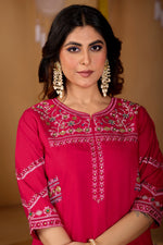 Thumbnail for Lorenvalley Fashion Ranipink Viscose Mango Silk Multi Embroidery Thread with Hand Work Kurta Palazzo Dupatta - Distacart