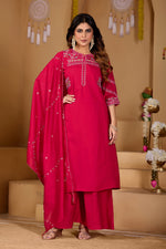 Thumbnail for Lorenvalley Fashion Ranipink Viscose Mango Silk Multi Embroidery Thread with Hand Work Kurta Palazzo Dupatta - Distacart