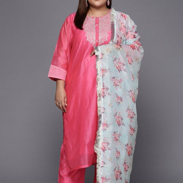 Sztori Plus Size Ethnic Yoke Design Regular Chanderi Silk Kurta & Trousers With Dupatta - Distacart