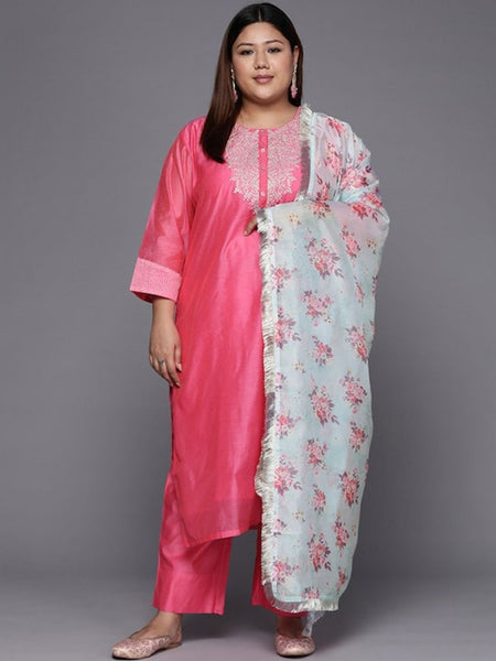 Sztori Plus Size Ethnic Yoke Design Regular Chanderi Silk Kurta & Trousers With Dupatta - Distacart