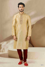 Thumbnail for Raivat Ethnic Banarasi Art Silk Mirror Work Kurta Pajama In Beige Gold Colour - Distacart