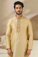 Thumbnail for Raivat Ethnic Banarasi Art Silk Mirror Work Kurta Pajama In Beige Gold Colour - Distacart