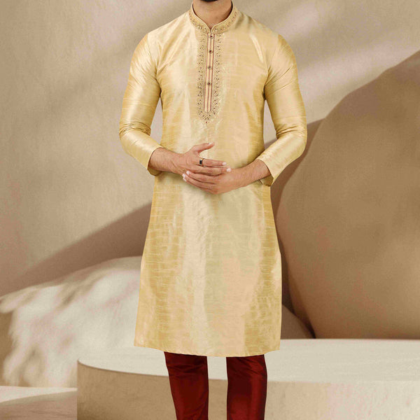 Raivat Ethnic Banarasi Art Silk Mirror Work Kurta Pajama In Beige Gold Colour - Distacart