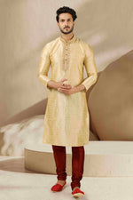 Thumbnail for Raivat Ethnic Banarasi Art Silk Mirror Work Kurta Pajama In Beige Gold Colour - Distacart