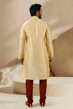 Thumbnail for Raivat Ethnic Banarasi Art Silk Mirror Work Kurta Pajama In Beige Gold Colour - Distacart