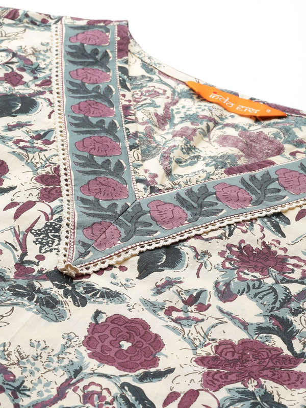 Indo Era Floral Printed Regular Pure Cotton Kurta with Trousers & Dupatta
