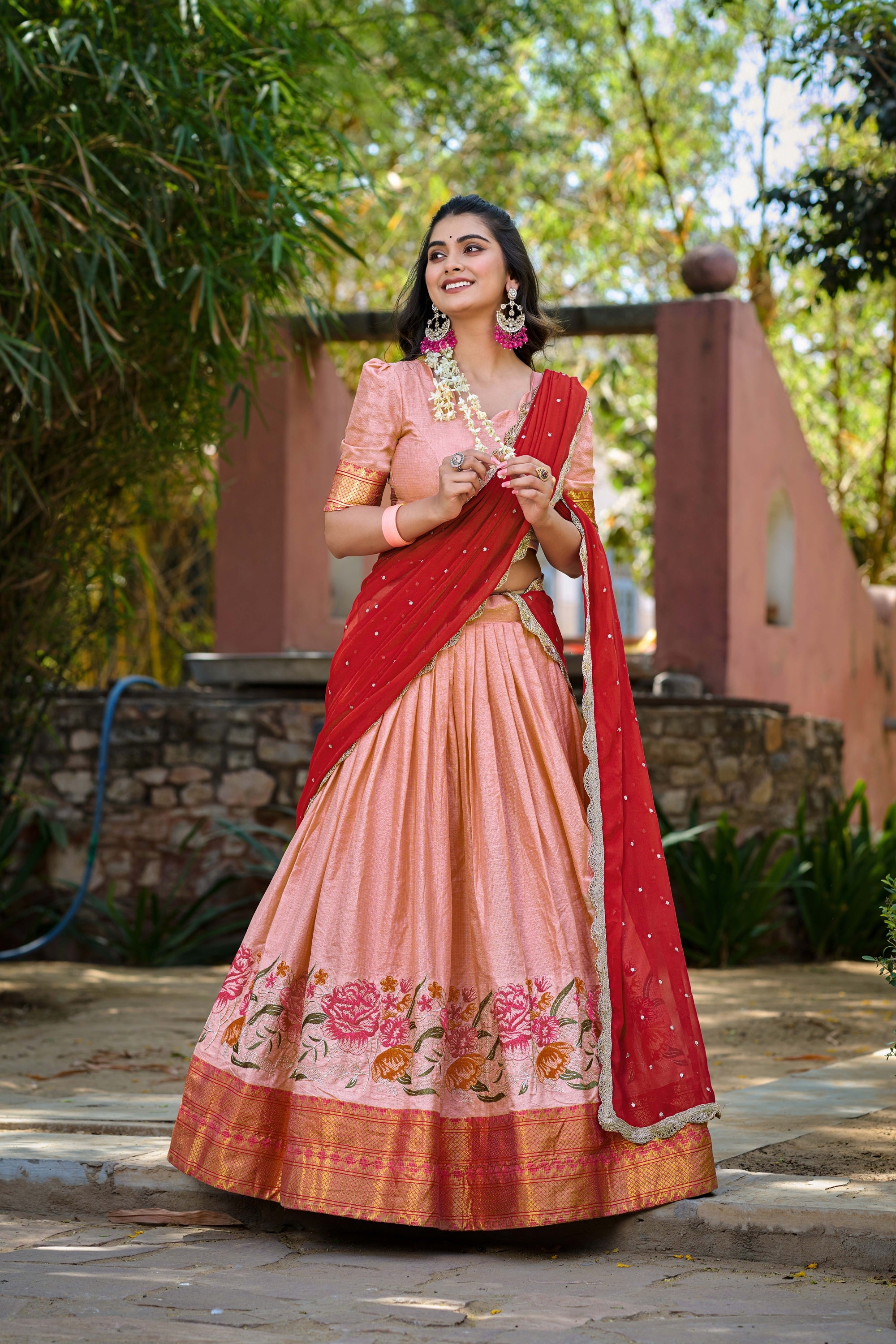 Lorenvalley Fashion Peach Cotton Silk Thread Embroidery Work Lehenga Choli with Dupatta
