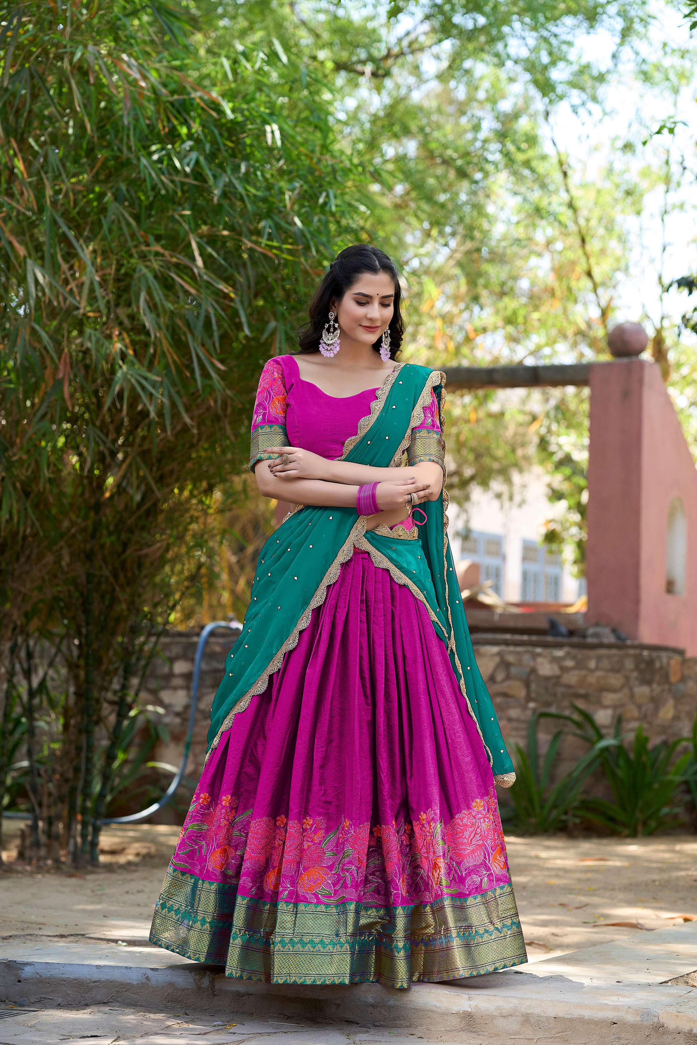 Lorenvalley Fashion Pink Cotton Silk Thread Embroidery Work Lehenga Choli with Dupatta