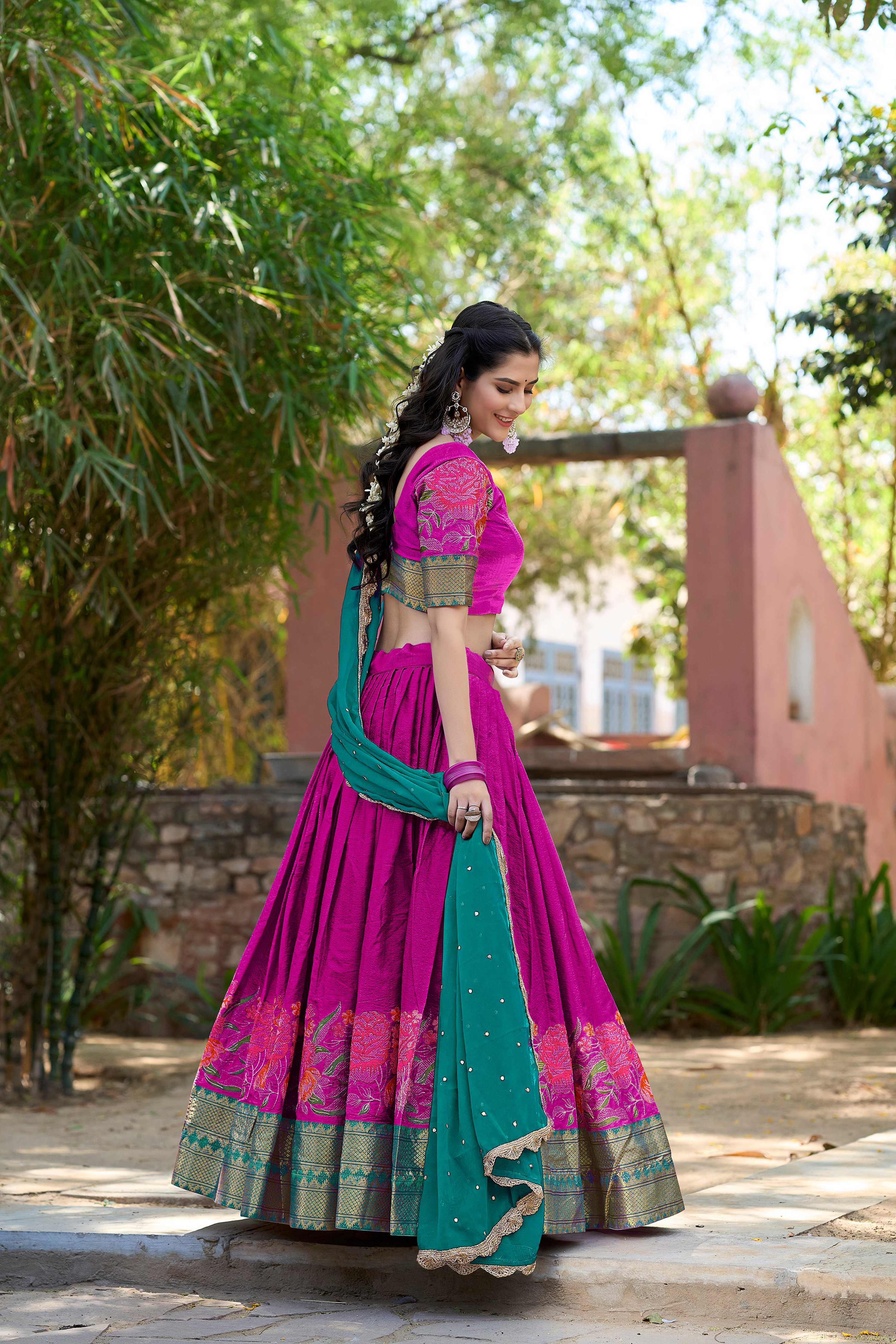Lorenvalley Fashion Pink Cotton Silk Thread Embroidery Work Lehenga Choli with Dupatta