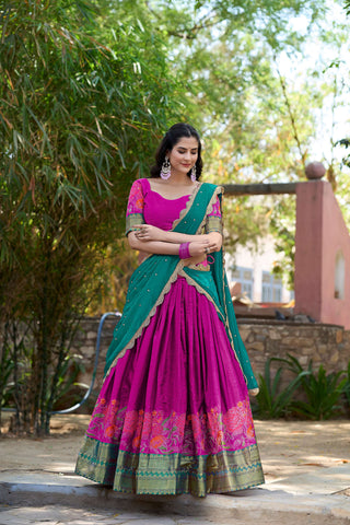Lorenvalley Fashion Pink Cotton Silk Thread Embroidery Work Lehenga Choli with Dupatta