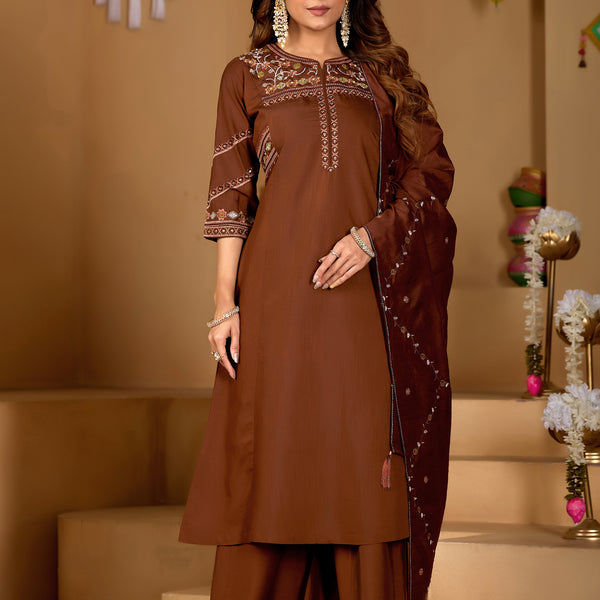 Lorenvalley Fashion Coffee Viscose Mango Silk Multi Embroidery Thread with Hand Work Kurta Palazzo Dupatta - Distacart