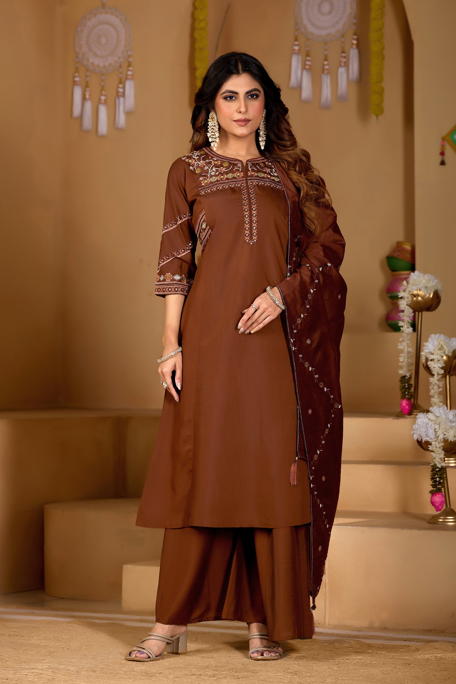 Lorenvalley Fashion Coffee Viscose Mango Silk Multi Embroidery Thread with Hand Work Kurta Palazzo Dupatta - Distacart