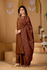 Thumbnail for Lorenvalley Fashion Coffee Viscose Mango Silk Multi Embroidery Thread with Hand Work Kurta Palazzo Dupatta - Distacart