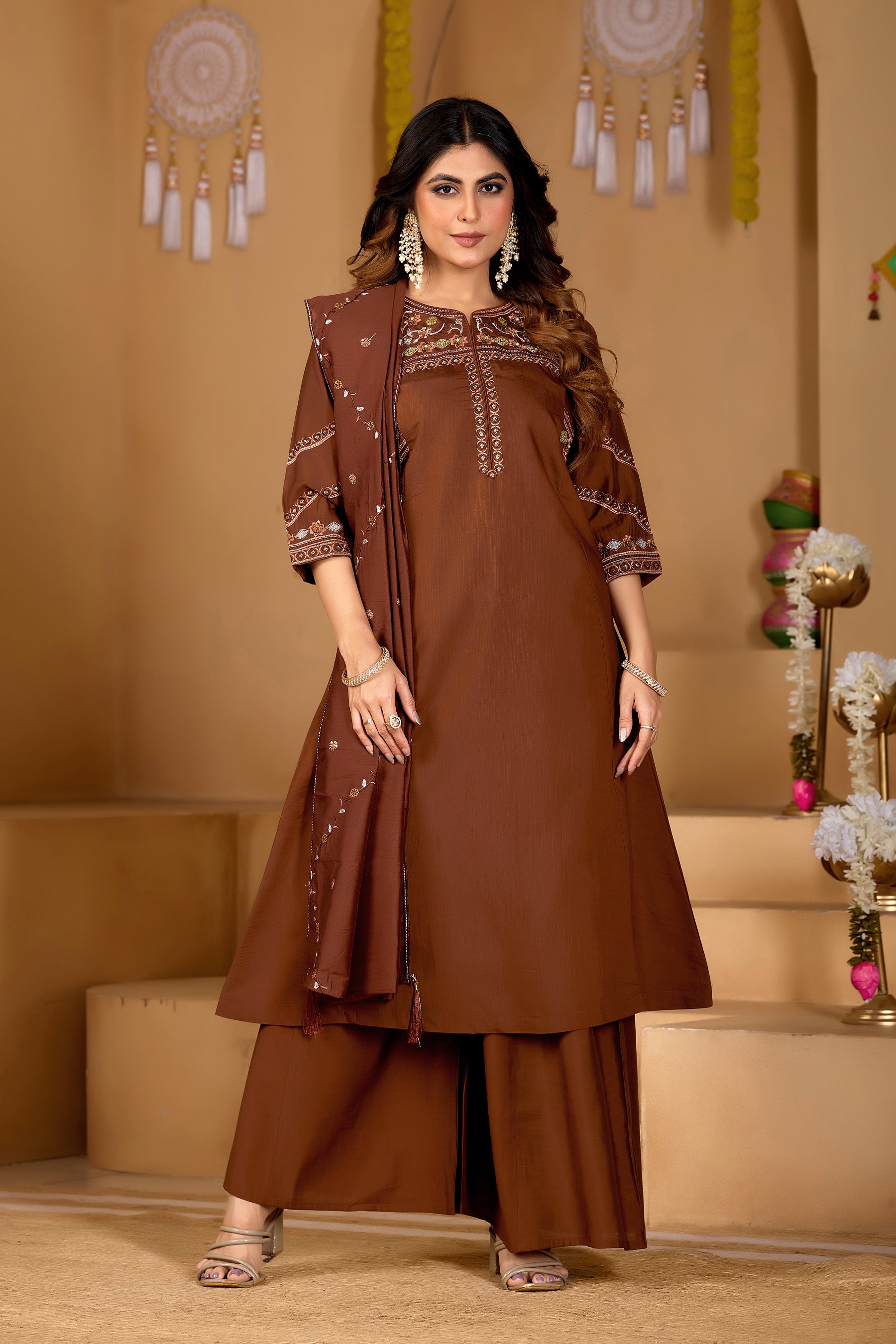 Lorenvalley Fashion Coffee Viscose Mango Silk Multi Embroidery Thread with Hand Work Kurta Palazzo Dupatta - Distacart