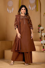 Thumbnail for Lorenvalley Fashion Coffee Viscose Mango Silk Multi Embroidery Thread with Hand Work Kurta Palazzo Dupatta - Distacart
