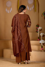 Thumbnail for Lorenvalley Fashion Coffee Viscose Mango Silk Multi Embroidery Thread with Hand Work Kurta Palazzo Dupatta - Distacart