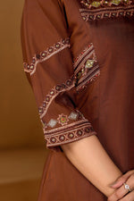 Thumbnail for Lorenvalley Fashion Coffee Viscose Mango Silk Multi Embroidery Thread with Hand Work Kurta Palazzo Dupatta - Distacart