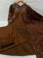 Thumbnail for Lorenvalley Fashion Coffee Viscose Mango Silk Multi Embroidery Thread with Hand Work Kurta Palazzo Dupatta - Distacart
