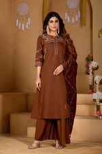Thumbnail for Lorenvalley Fashion Coffee Viscose Mango Silk Multi Embroidery Thread with Hand Work Kurta Palazzo Dupatta - Distacart