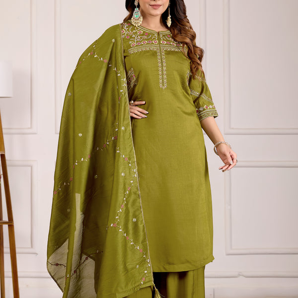 Lorenvalley Fashion Mehendi Viscose Mango Silk Multi Embroidery Thread with Hand Work Kurta Palazzo Dupatta - Distacart