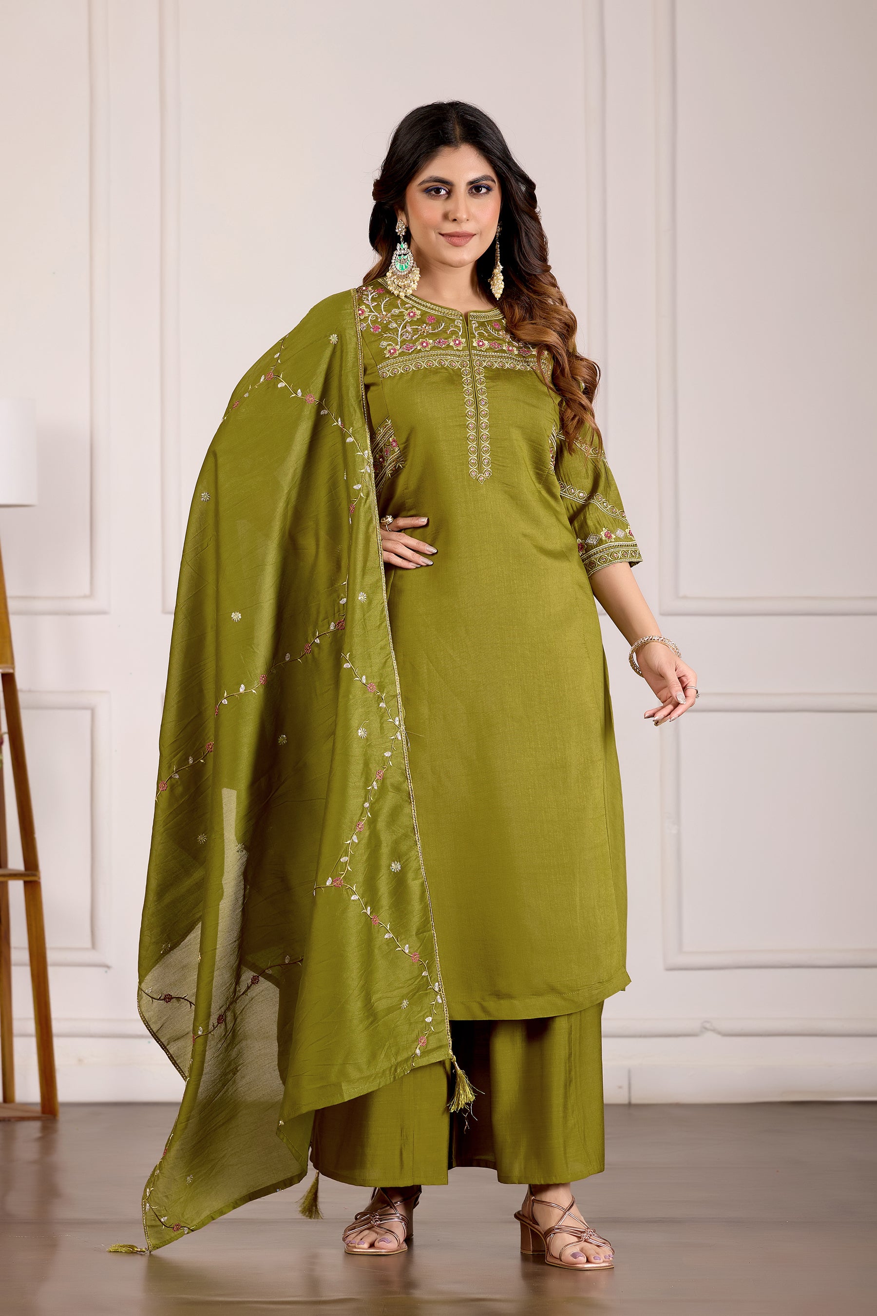 Lorenvalley Fashion Mehendi Viscose Mango Silk Multi Embroidery Thread with Hand Work Kurta Palazzo Dupatta - Distacart