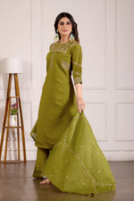 Thumbnail for Lorenvalley Fashion Mehendi Viscose Mango Silk Multi Embroidery Thread with Hand Work Kurta Palazzo Dupatta - Distacart