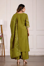 Thumbnail for Lorenvalley Fashion Mehendi Viscose Mango Silk Multi Embroidery Thread with Hand Work Kurta Palazzo Dupatta - Distacart