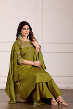 Thumbnail for Lorenvalley Fashion Mehendi Viscose Mango Silk Multi Embroidery Thread with Hand Work Kurta Palazzo Dupatta - Distacart