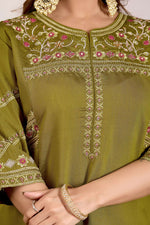 Thumbnail for Lorenvalley Fashion Mehendi Viscose Mango Silk Multi Embroidery Thread with Hand Work Kurta Palazzo Dupatta - Distacart