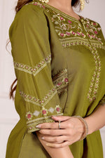 Thumbnail for Lorenvalley Fashion Mehendi Viscose Mango Silk Multi Embroidery Thread with Hand Work Kurta Palazzo Dupatta - Distacart
