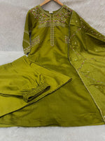 Thumbnail for Lorenvalley Fashion Mehendi Viscose Mango Silk Multi Embroidery Thread with Hand Work Kurta Palazzo Dupatta - Distacart