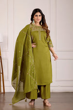 Thumbnail for Lorenvalley Fashion Mehendi Viscose Mango Silk Multi Embroidery Thread with Hand Work Kurta Palazzo Dupatta - Distacart