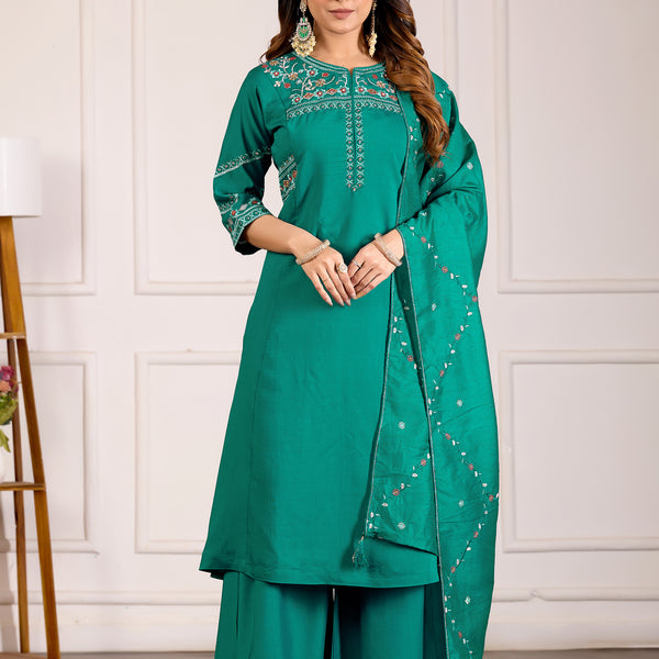 Lorenvalley Fashion Teal Viscose Mango Silk Multi Embroidery Thread with Hand Work Kurta Palazzo Dupatta - Distacart
