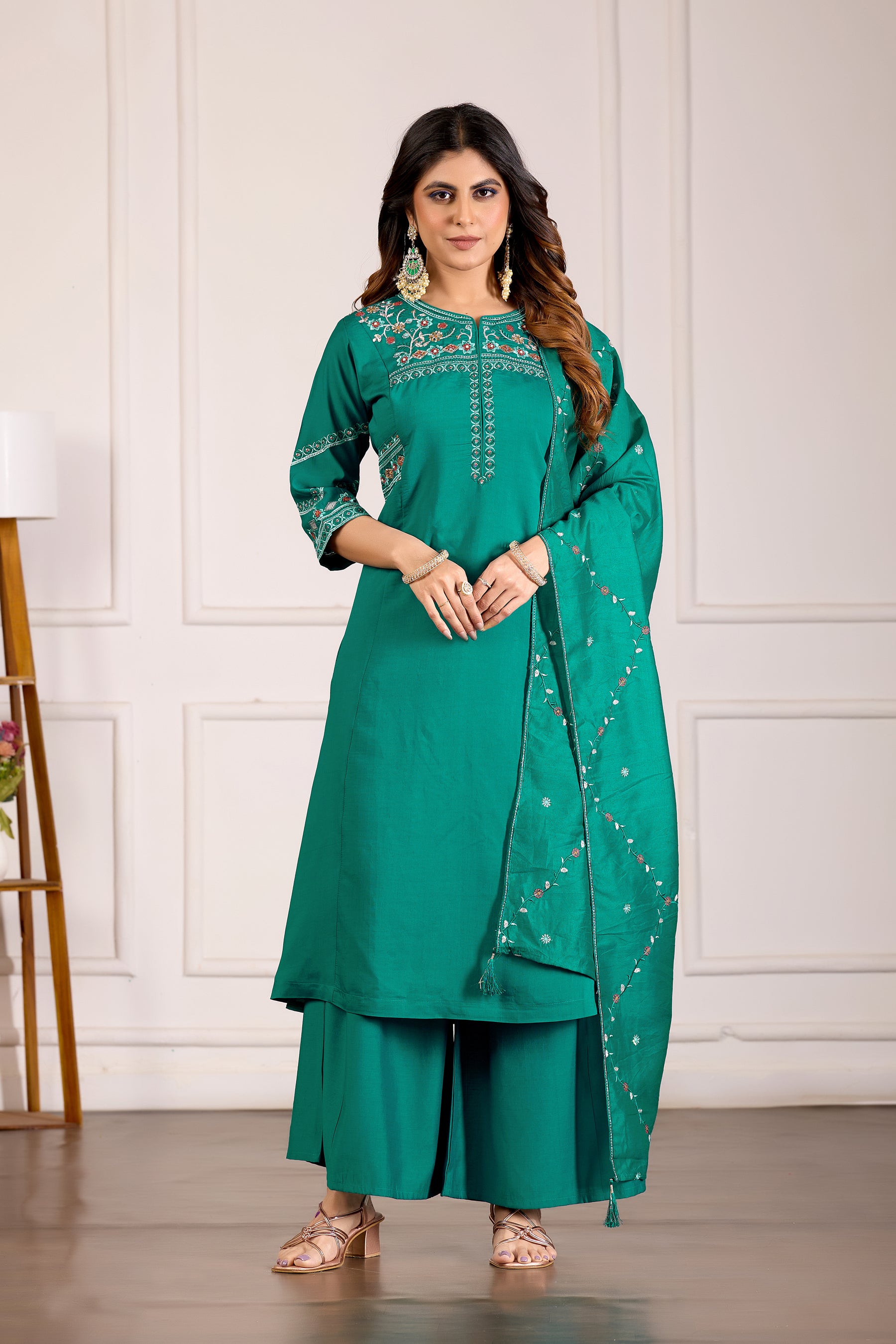 Lorenvalley Fashion Teal Viscose Mango Silk Multi Embroidery Thread with Hand Work Kurta Palazzo Dupatta - Distacart
