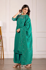 Thumbnail for Lorenvalley Fashion Teal Viscose Mango Silk Multi Embroidery Thread with Hand Work Kurta Palazzo Dupatta - Distacart