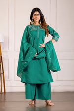 Thumbnail for Lorenvalley Fashion Teal Viscose Mango Silk Multi Embroidery Thread with Hand Work Kurta Palazzo Dupatta - Distacart