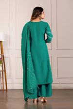 Thumbnail for Lorenvalley Fashion Teal Viscose Mango Silk Multi Embroidery Thread with Hand Work Kurta Palazzo Dupatta - Distacart