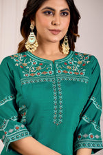 Thumbnail for Lorenvalley Fashion Teal Viscose Mango Silk Multi Embroidery Thread with Hand Work Kurta Palazzo Dupatta - Distacart