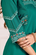Thumbnail for Lorenvalley Fashion Teal Viscose Mango Silk Multi Embroidery Thread with Hand Work Kurta Palazzo Dupatta - Distacart