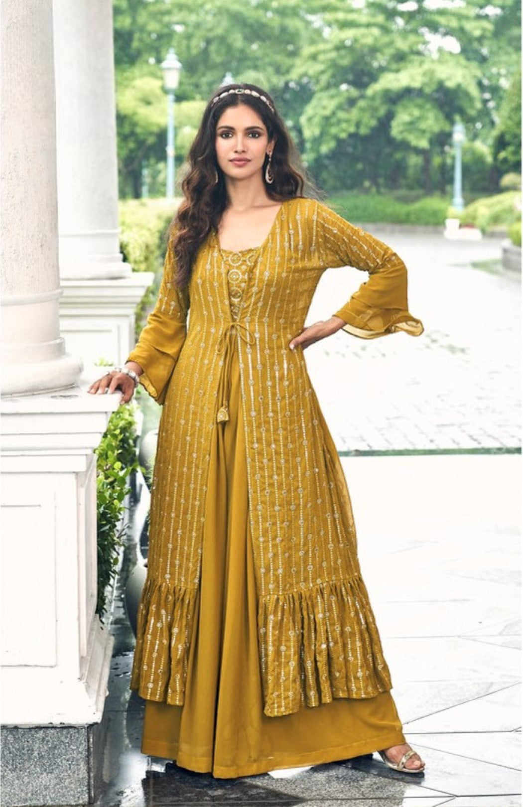 Anaita Mustard Georgette Stitched Shrug Suit With Sequence Thread Work - Distacart
