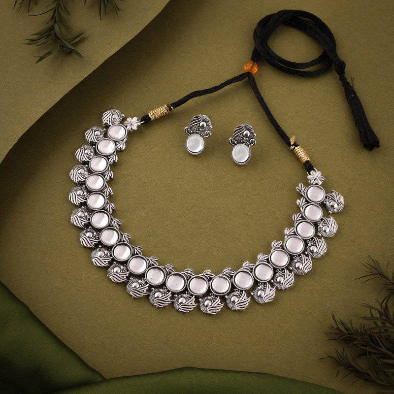 Tehzeeb Creations Silver Plated White Colour Stone Jewellery Choker Necklace Set With Matching Pair of Stud Earrings - Distacart