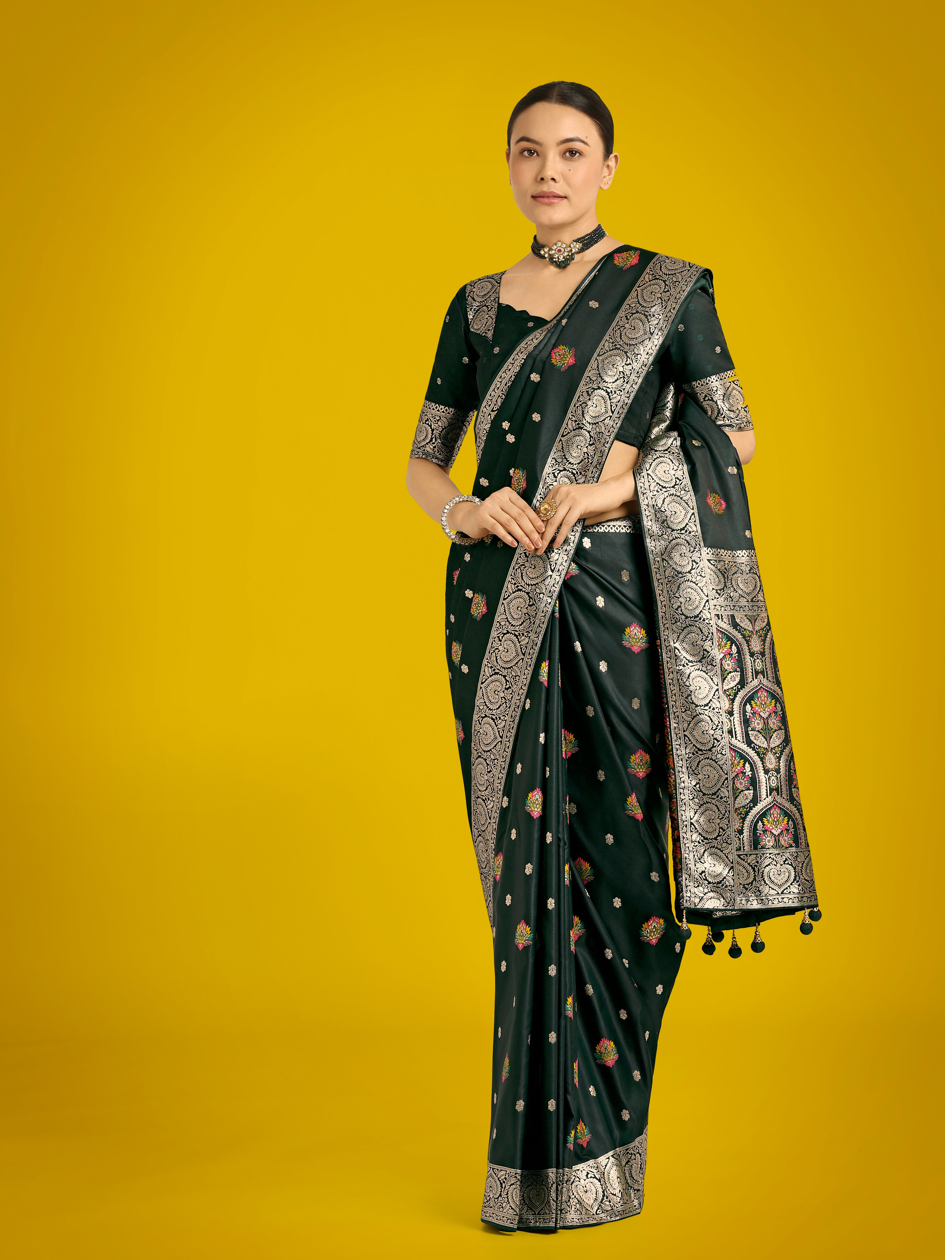 Monjolika Fashion Dark Green Charming Soft Banarasi Zari Woven Designer Satin Silk Saree With Lovely Blouse Piece